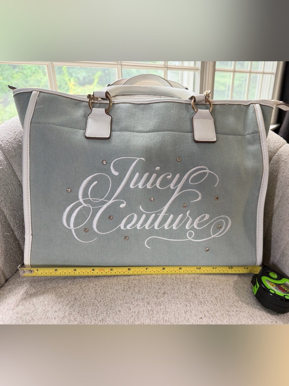 Juicy Couture Light Blue Jean Tote with White Trim and Crystal Accents